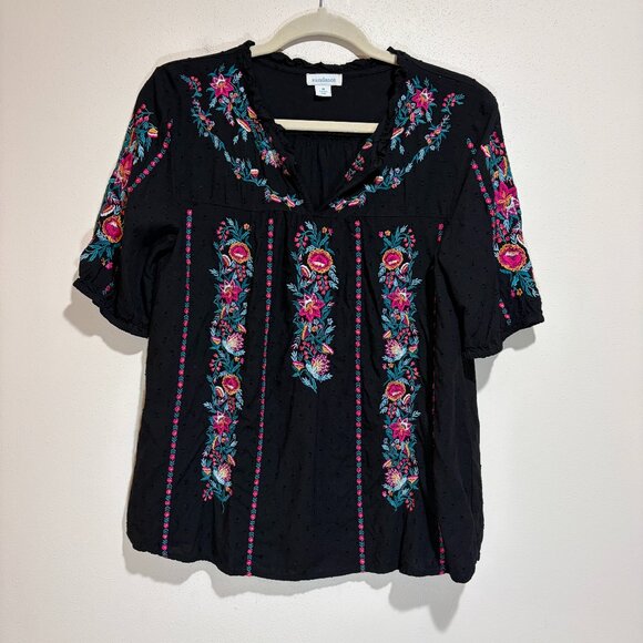Sundance Dalilah Floral Embroidered Swiss Dot Blouse Black - Picture 2 of 11